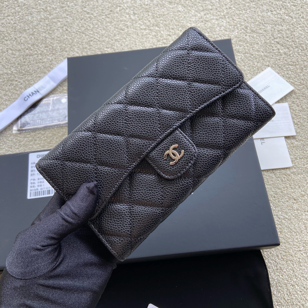 Ch**el FLAP WALLET GRAINED LEATHER BLACK 19.5 x10 cm