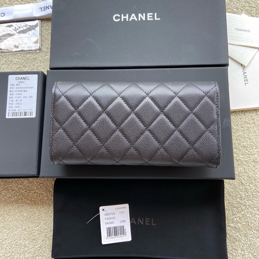 Ch**el FLAP WALLET GRAINED LEATHER BLACK GOLD 19.5 x10 cm