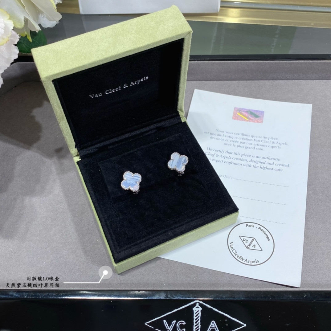 V*n Cl**f & Arpels Natural Purple Chalcedony Four-Leaf Clover Earrings