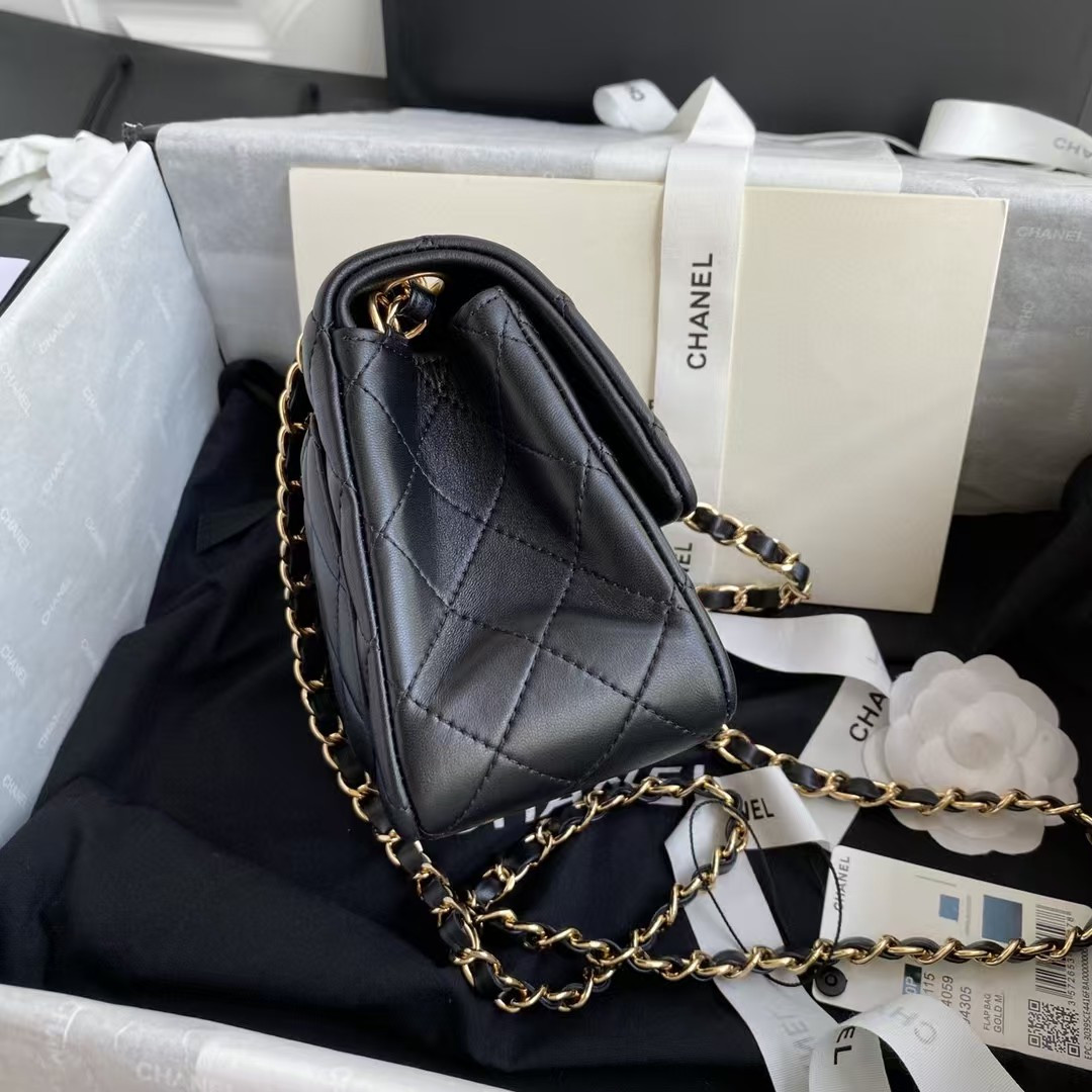 Ch**el Mini Classic Handbag Lambskin & Gold-Tone Metal Black 5.3 × 6.6 × 3.1 in