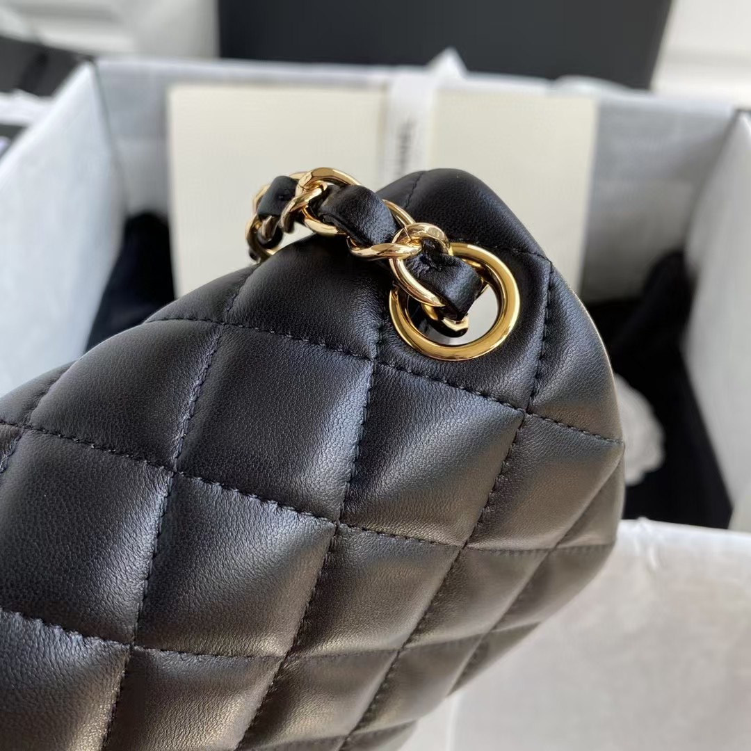 Ch**el Mini Classic Handbag Lambskin & Gold-Tone Metal Black 5.3 × 6.6 × 3.1 in