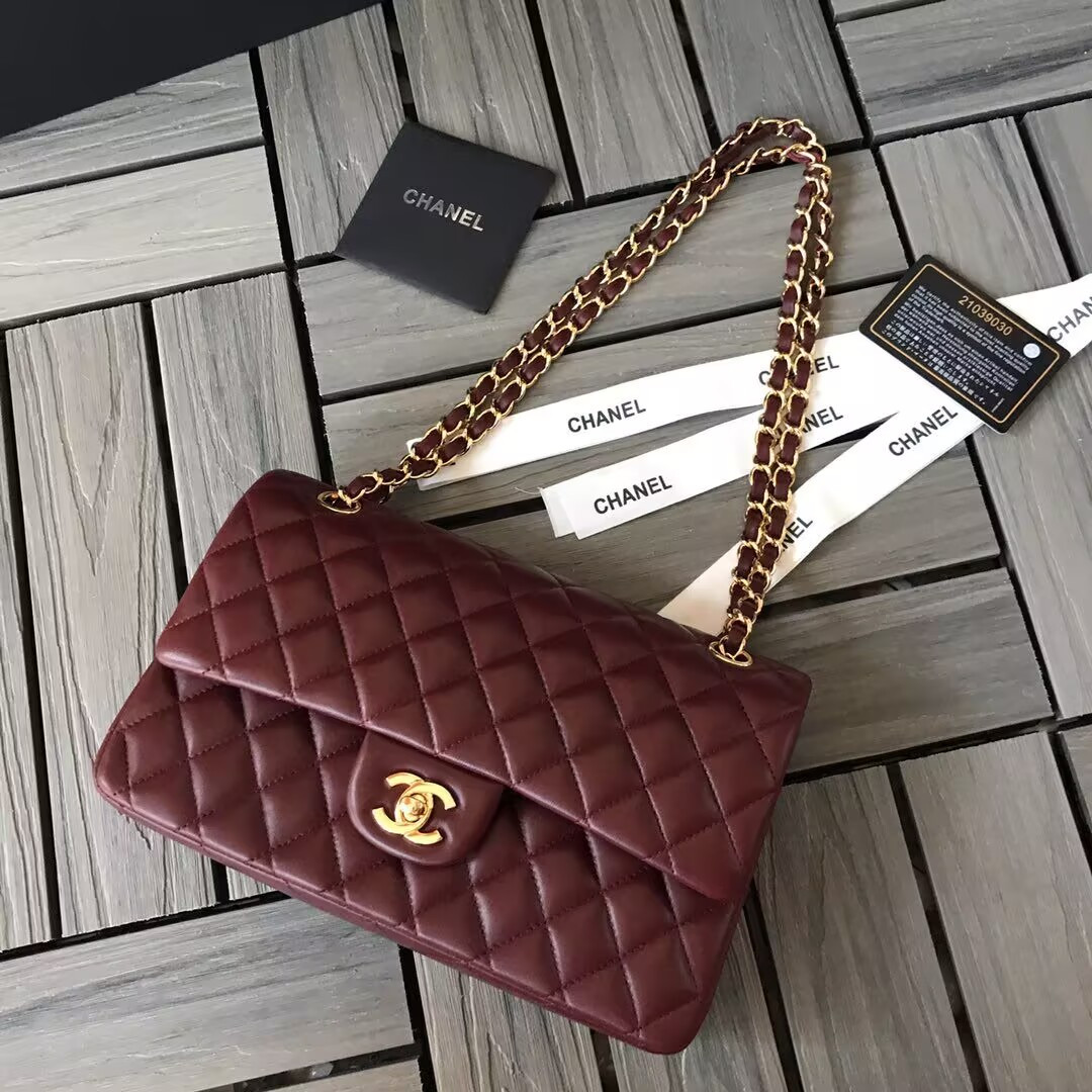 Ch**el CLASSIC 11.12 HANDBAG  Lambskin &Brown Metal Burqundy 15.5 x 25.5 x 6.5 cm