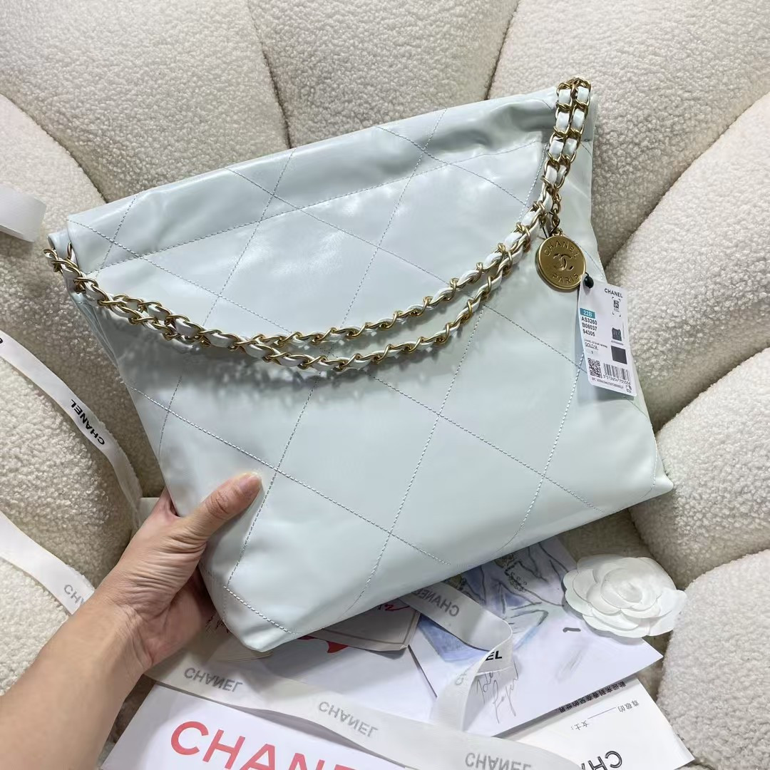 Ch**el 22 SMALL HANDBAG Shiny Calfskin Light Blue 37X35X7cm