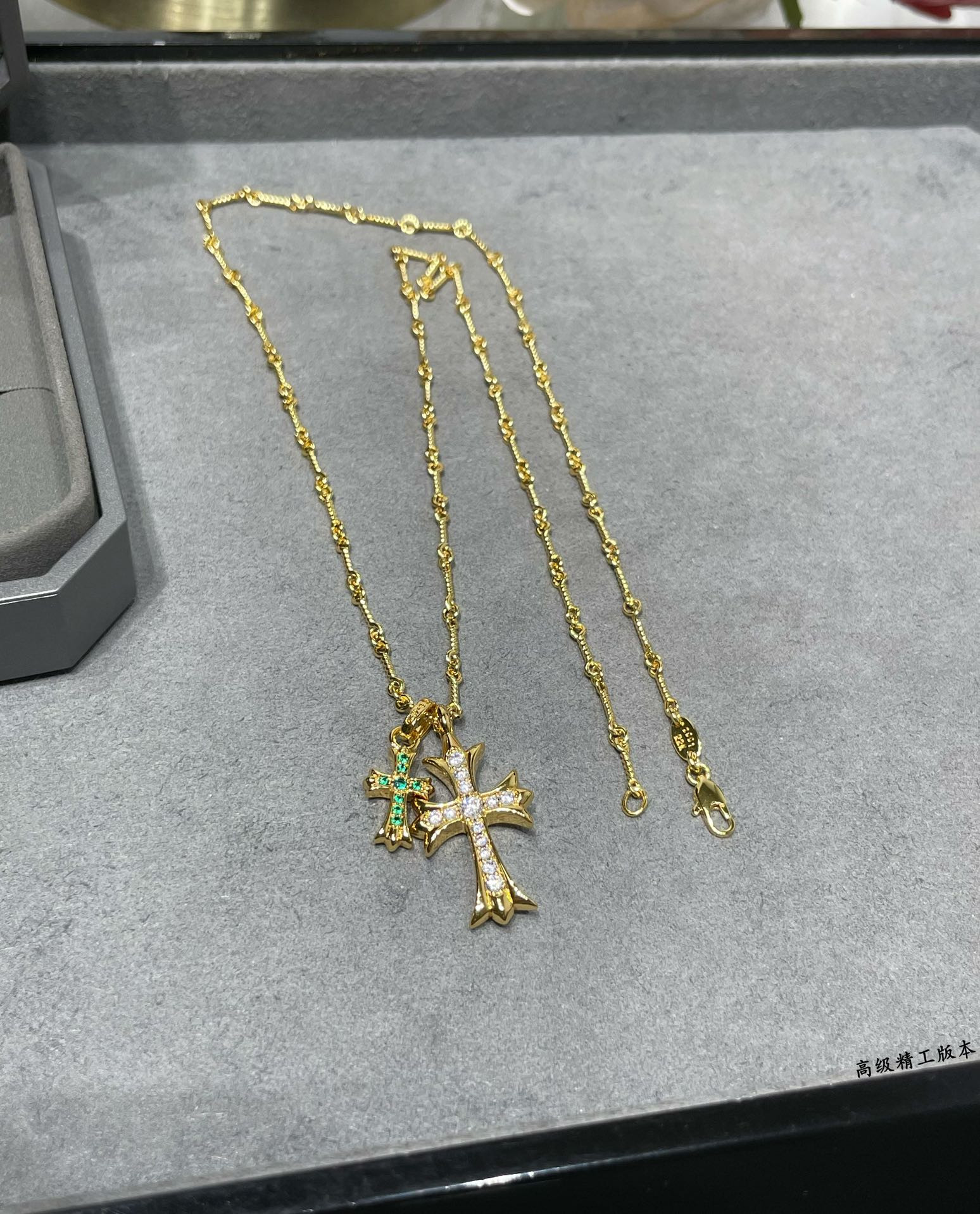 Chrome Heart Double Cross Green D1am0nd Necklace