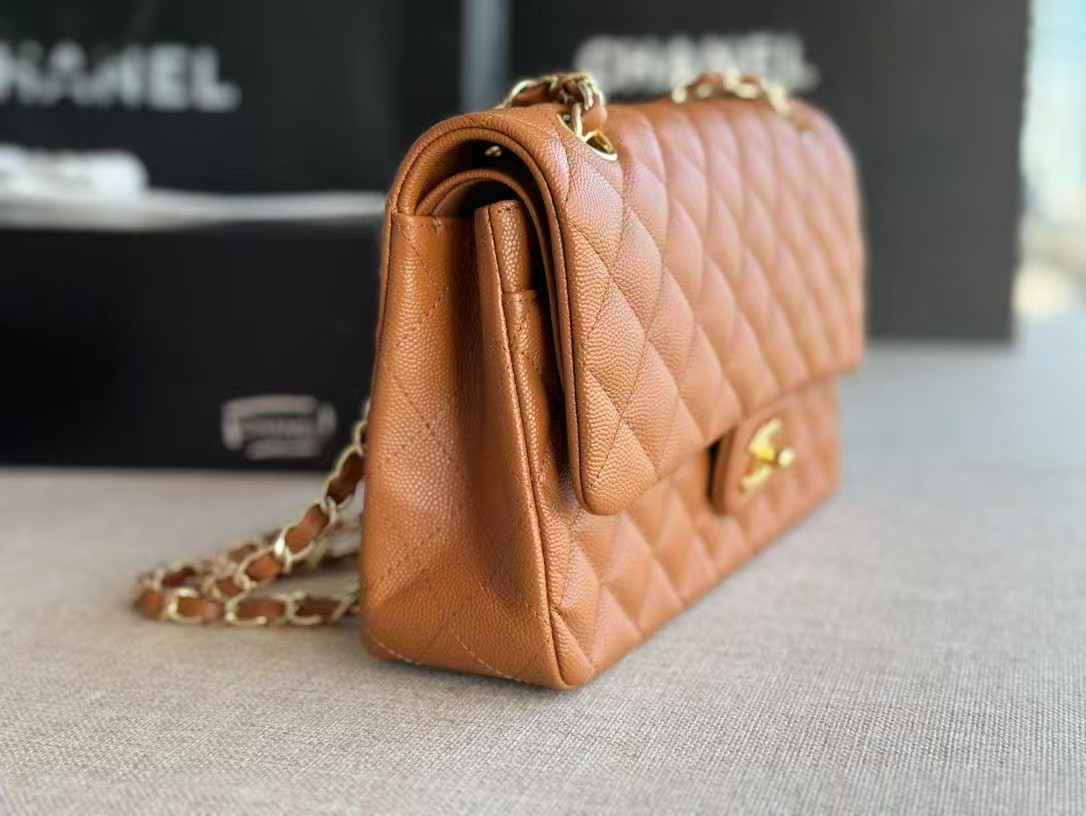 Ch**el SMALL CLASSIC HANDBAG Grained Calfskin 14.5×23×6cm