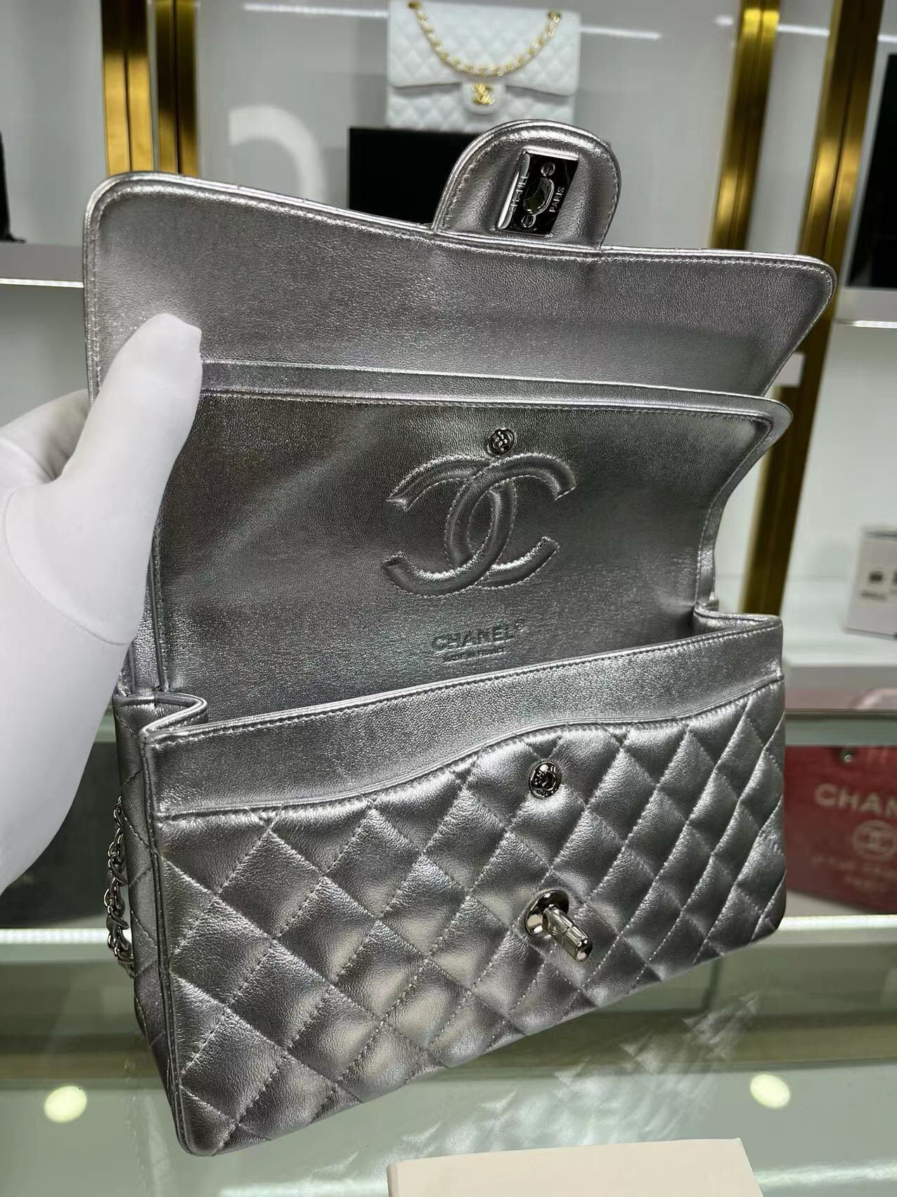 Ch**el Classic Flap a01112 SILVER 15.5×25.5×6.5cm