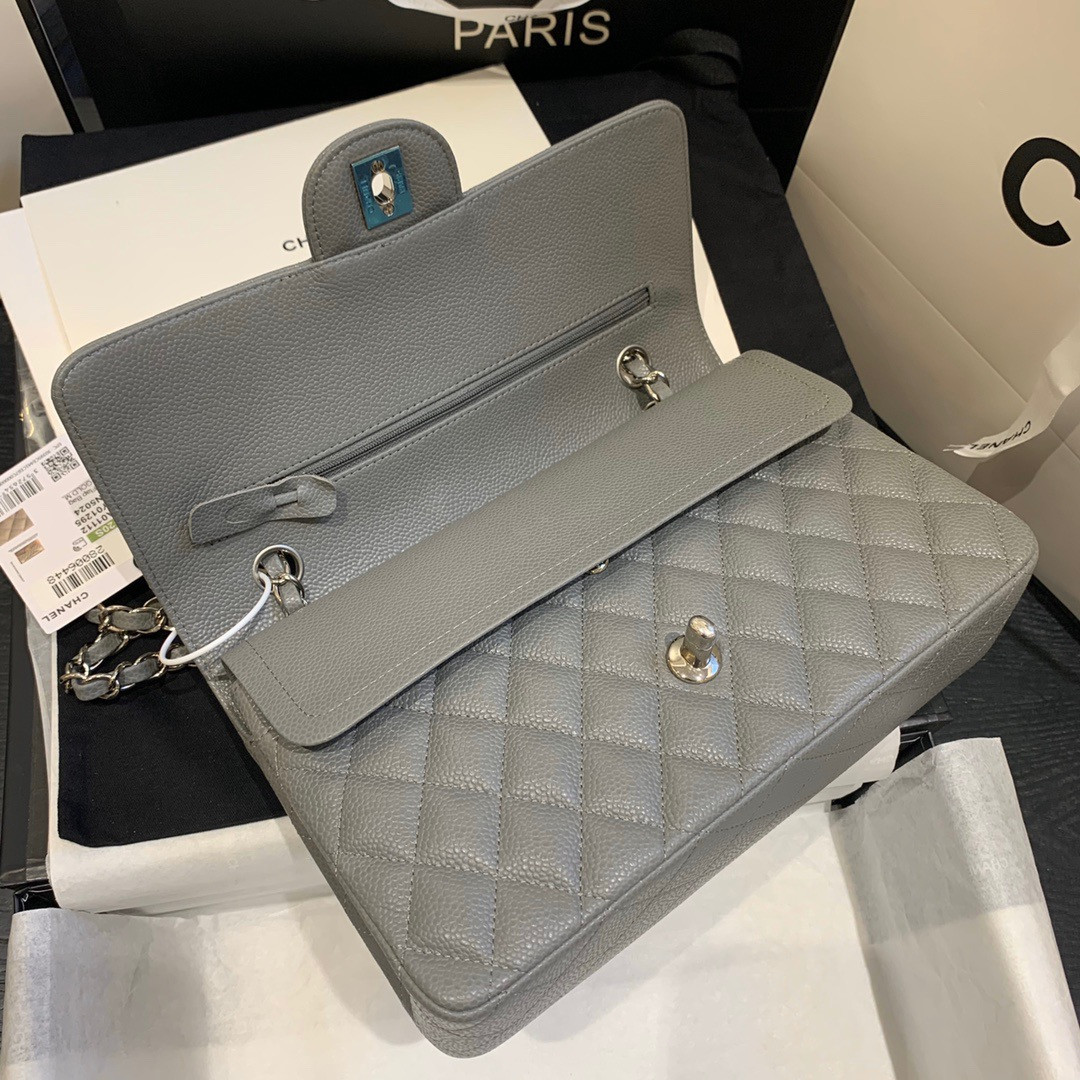 Ch**el Classic Handbag in Grained Litchi Pattern Calfskin & Silver-Tone Metal, Gray 6 × 9.9 × 2.5 inches