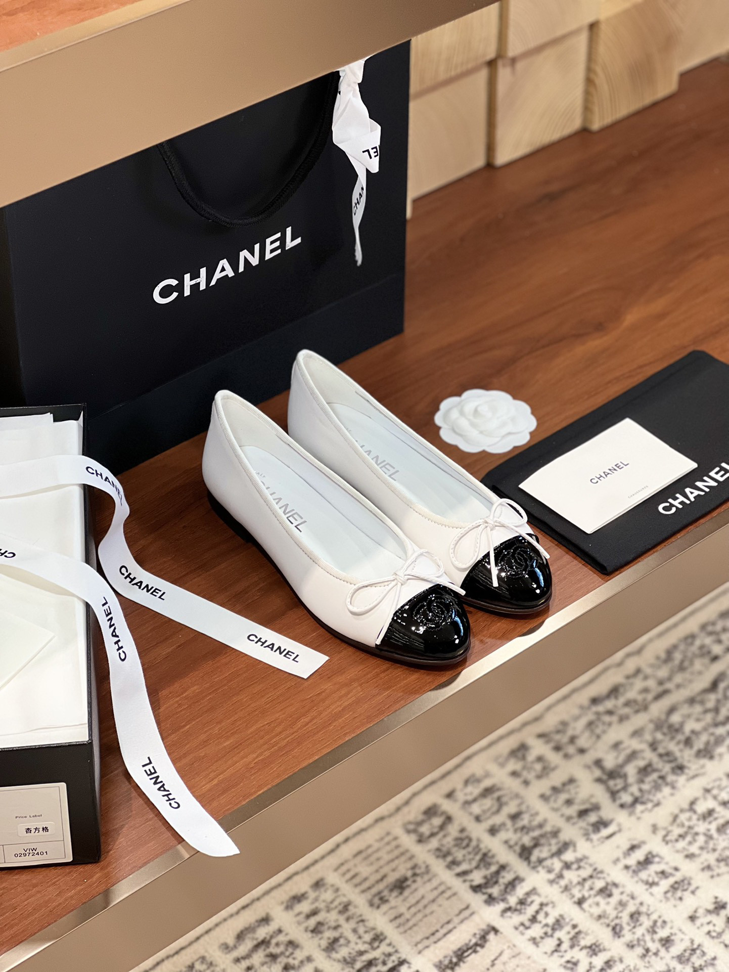 Ch**el BALLET FLATS Lambskin & Grosgrain White & Black