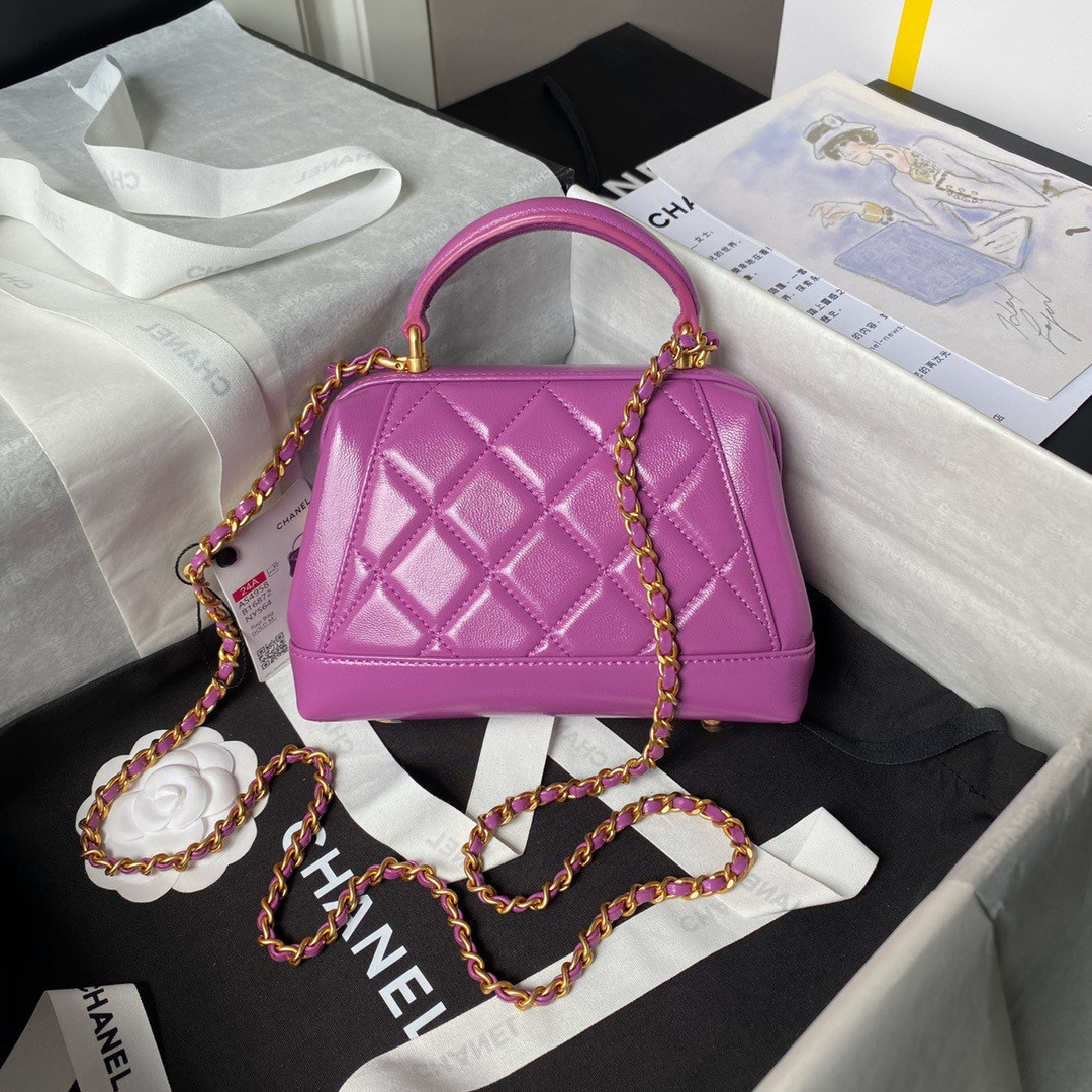 Ch**el MINI BAG WITH TOP HANDLE Shiny Lambskin & Gold-Tone Metal 12 × 18 × 7 cm
