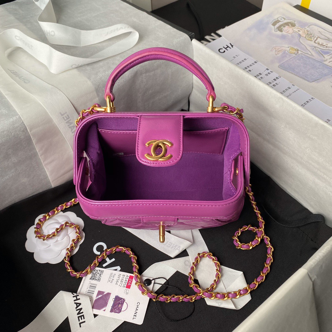Ch**el MINI BAG WITH TOP HANDLE Shiny Lambskin & Gold-Tone Metal 12 × 18 × 7 cm