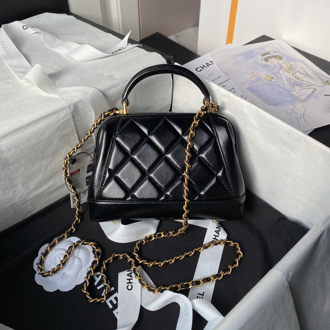 Ch**el MINI BAG WITH TOP HANDLE Shiny Lambskin & Gold-Tone Metal Black 12 × 18 × 7 cm