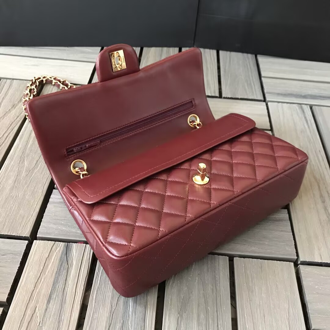 Ch**el CLASSIC 11.12 HANDBAG  Lambskin &Brown Metal Burqundy 15.5 x 25.5 x 6.5 cm