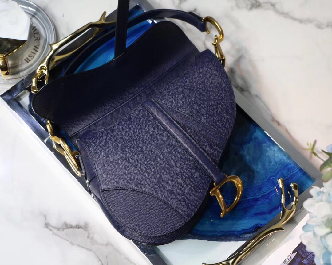 SADDLE BAG WITH STRAP Indigo Blue Grained Calfskin 25.5×20×6.5cm