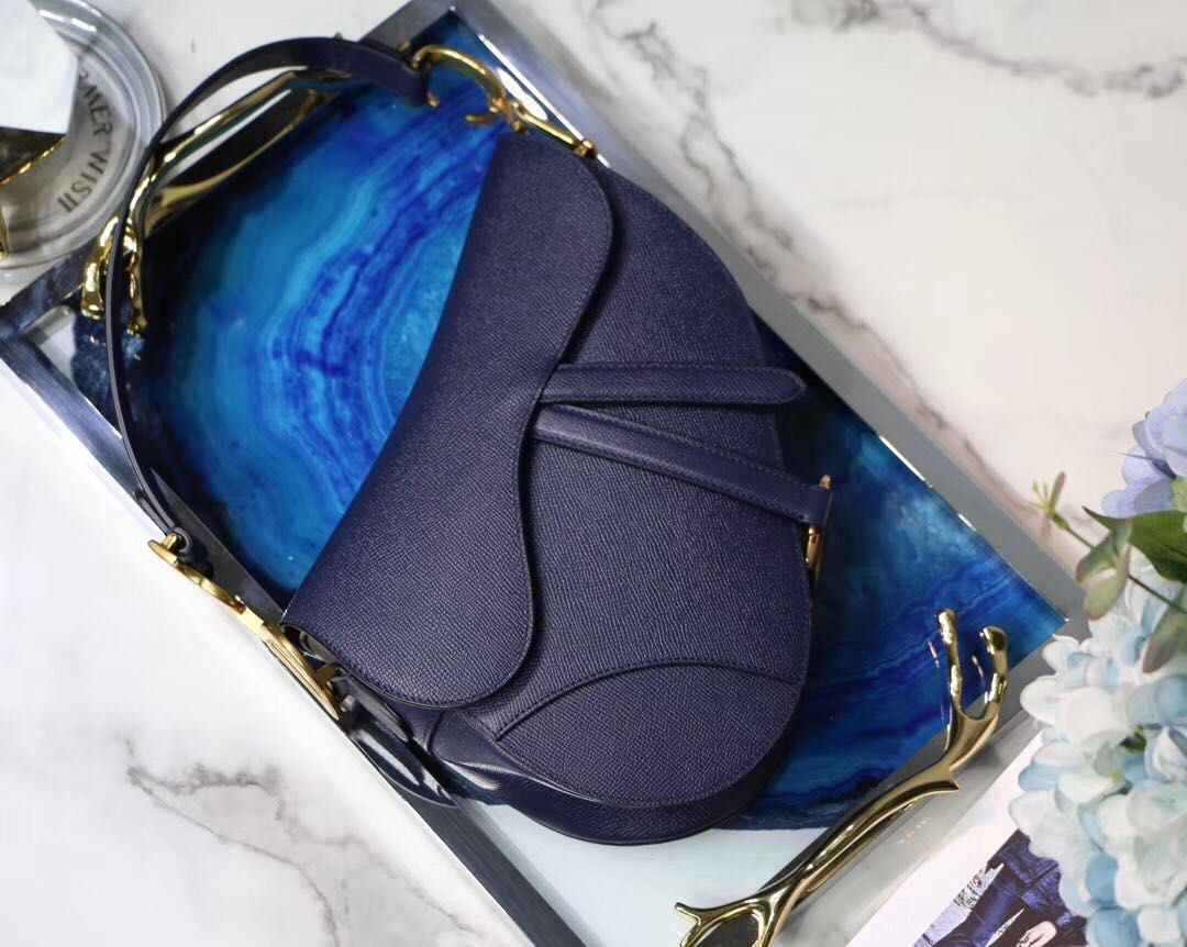 SADDLE BAG WITH STRAP Indigo Blue Grained Calfskin 25.5×20×6.5cm