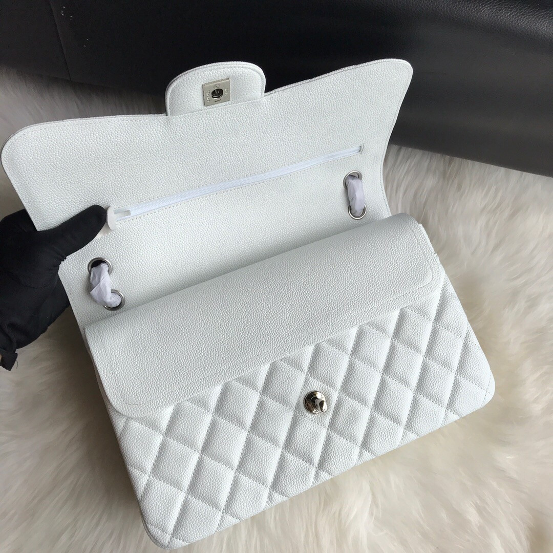 Ch**el Classic Flap Jumbo 30cm CF White Silver 7.6 × 11.7 × 3.9 in