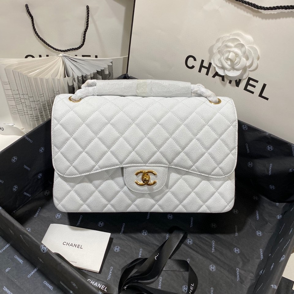Ch**el Classic Flap Jumbo 30cm CF White Gold  7.6 × 11.7 × 3.9 in