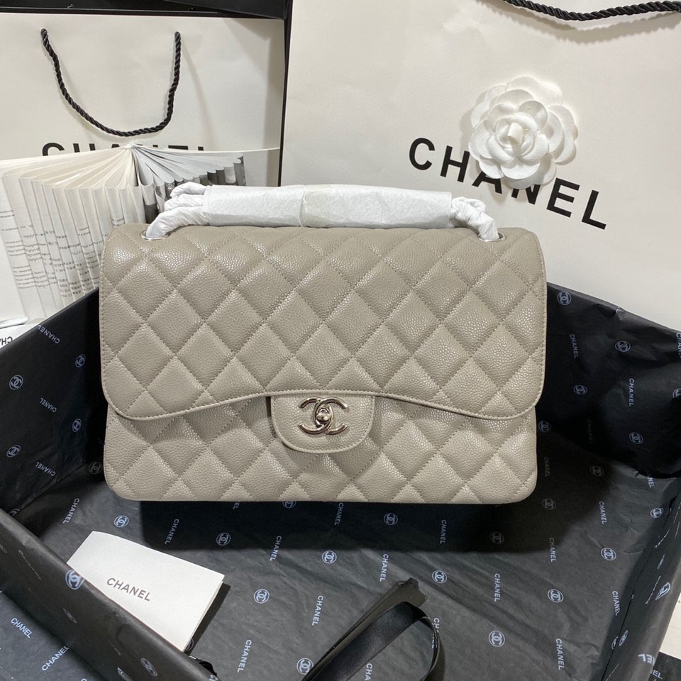 Ch**el Classic Flap Jumbo 30cm CF Grey Silver  7.6 × 11.7 × 3.9 in