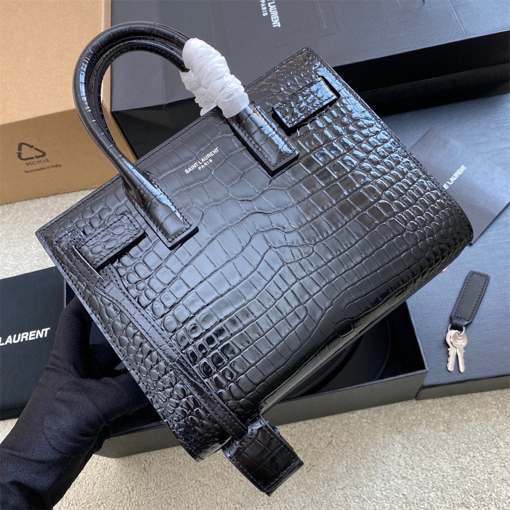 Y51 SAC DE JOUR NANO IN CROCODILE EMBOSSED LEATHER BLACK 8.6 X 6.8 X 3.5 INCHES