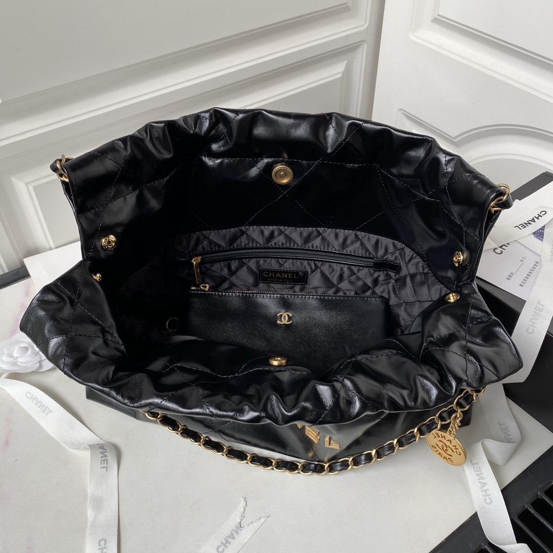 Ch**el 22 HANDBAG Shiny Calfskin BLACK 30×45×8cm