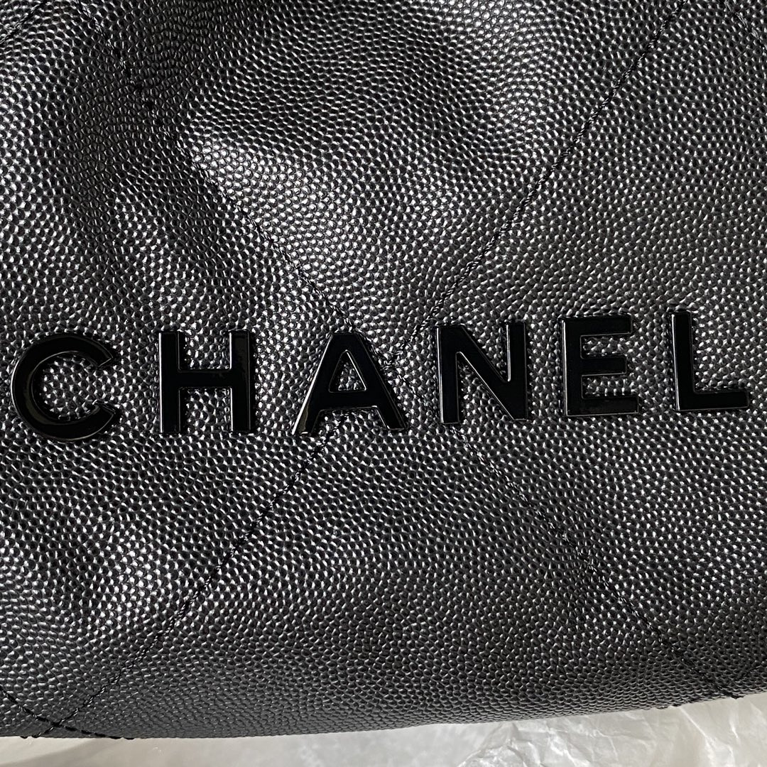 Ch**el 22 MINI HANDBAG GRAINED LEATHER BLACK 7.8 × 7.4 × 2.3 in