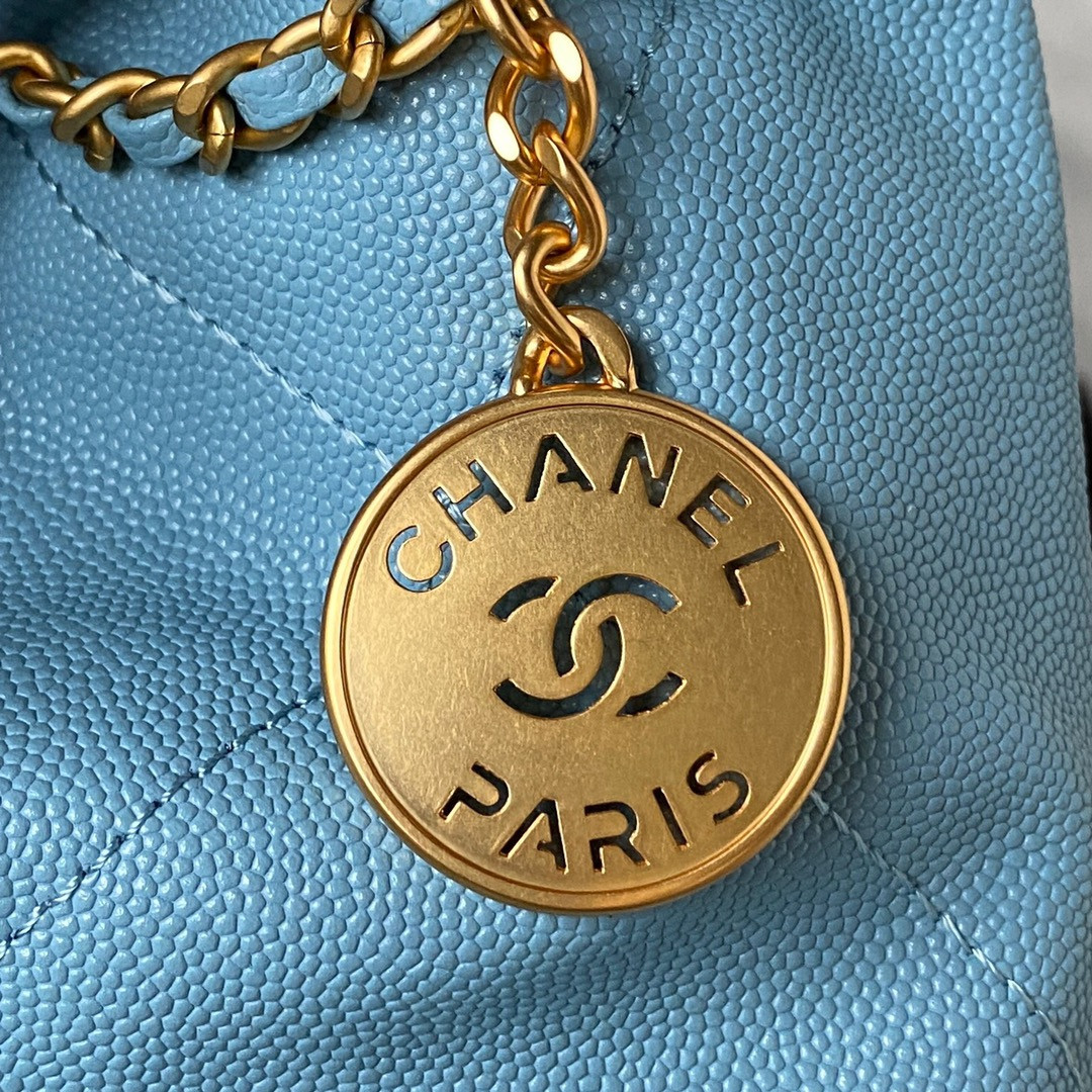 Ch**el 22 MINI HANDBAG GRAINED LEATHER BLUE 7.8 × 7.4 × 2.3 in