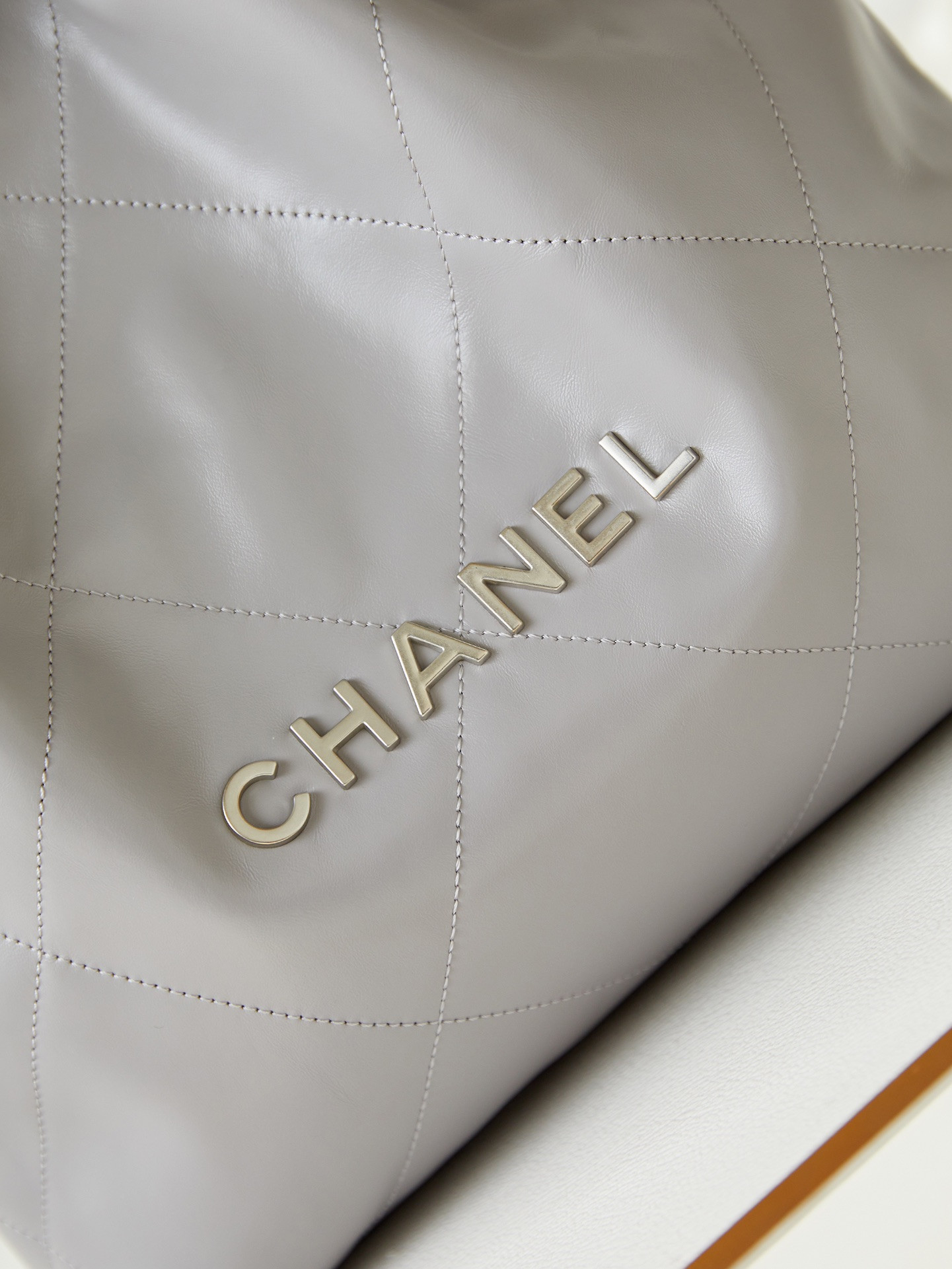 Ch**el 22 SMALL HANDBAG Shiny Calfskin GREY 13.7×14.4×2.7 in