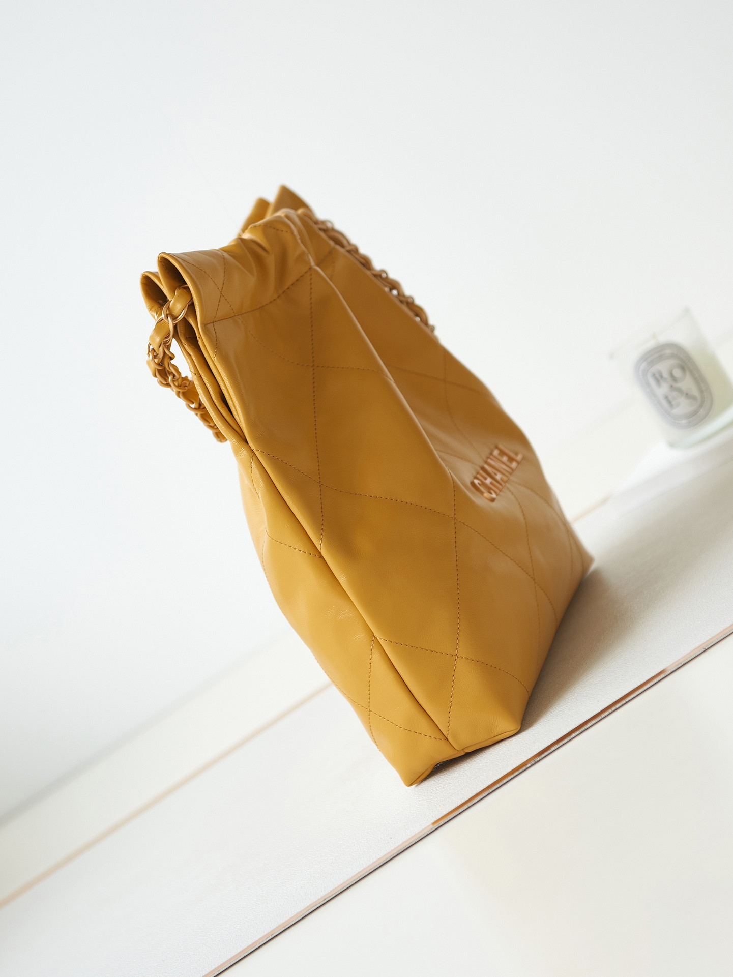 Ch**el 22 SMALL HANDBAG Shiny Calfskin YELLOW 13.7×14.4×2.7 in