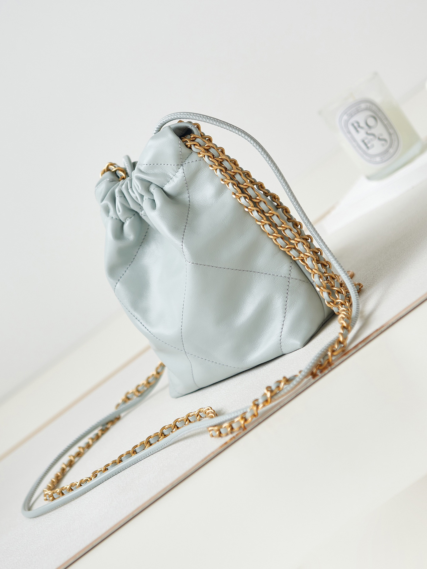 Ch**el 22 MINI HANDBAG Shiny Calfskin Light Blue 7.8 × 7.4 × 2.3 in