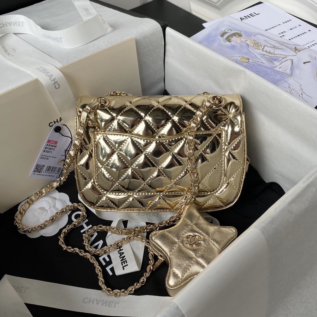 Ch**el FLAP BAG & STAR COIN PURSE GOLD 12.5×19×5cm
