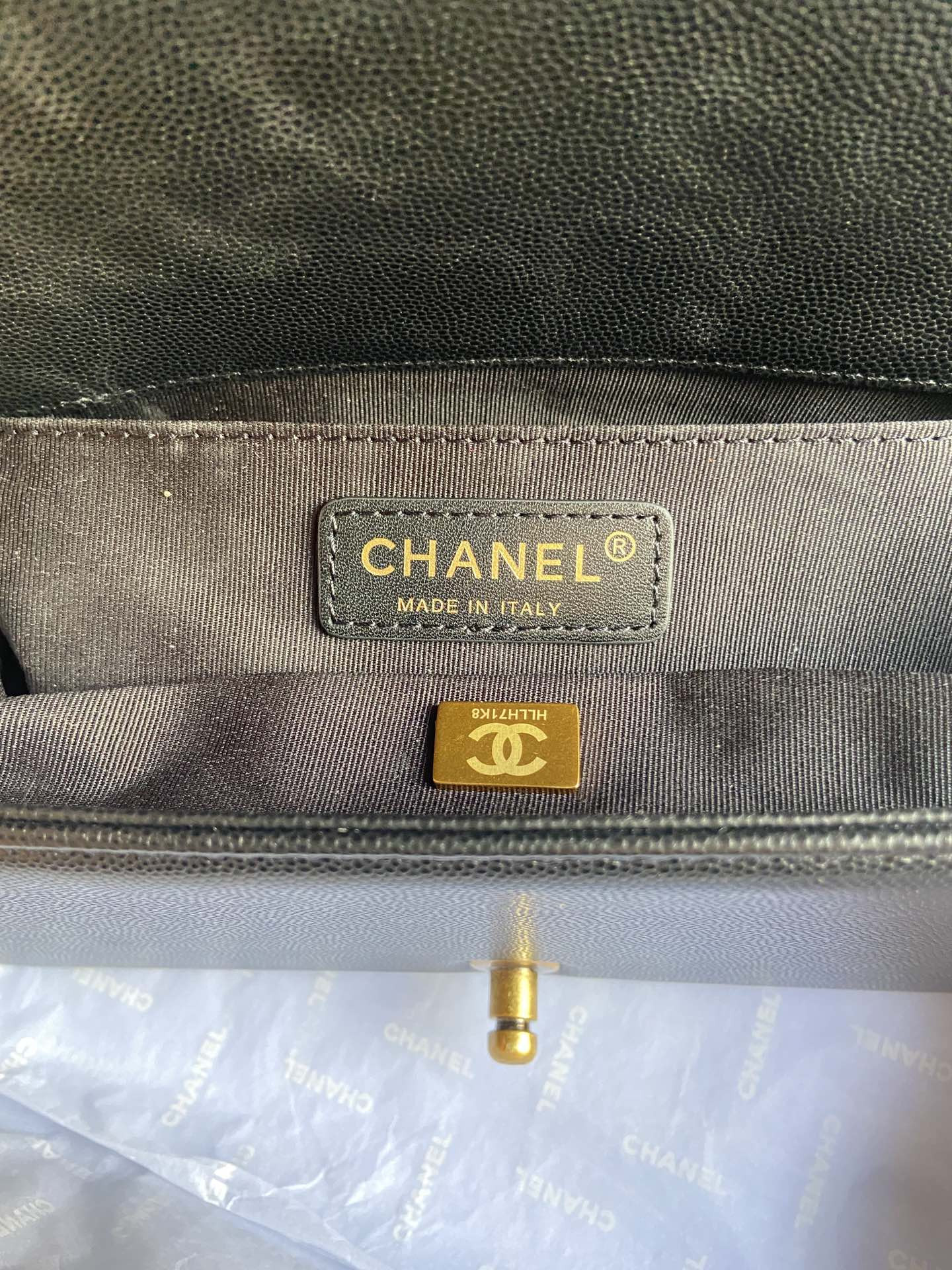 BOY Ch**el HANDBAG Shiny Grained Calfskin Black 5.9 × 9.8 × 3.5 in