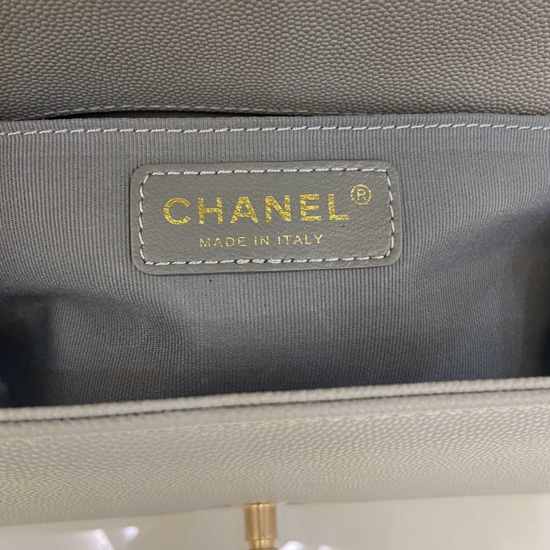 BOY Ch**el HANDBAG Shiny Grained Calfskin & Gold-Tone Metal Gray 5.9 × 9.8 × 3.5 in