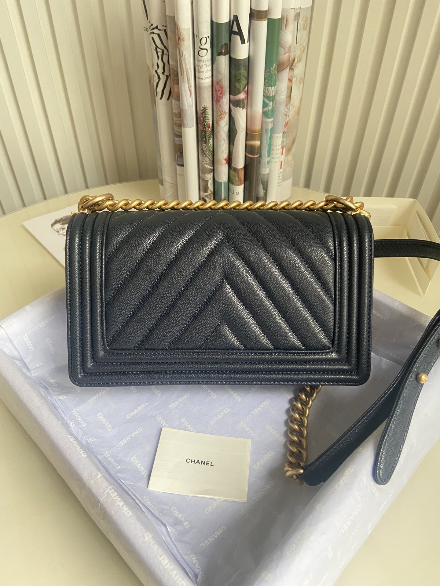 BOY Ch**el HANDBAG Shiny Grained Calfskin & Gold-Tone Metal Navy 5.9 × 9.8 × 3.5 in