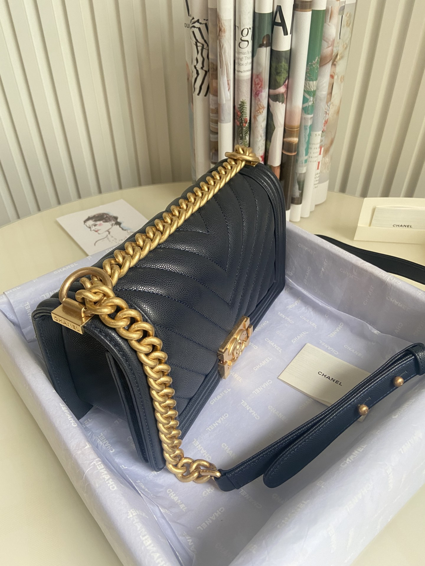 BOY Ch**el HANDBAG Shiny Grained Calfskin & Gold-Tone Metal Navy 5.9 × 9.8 × 3.5 in