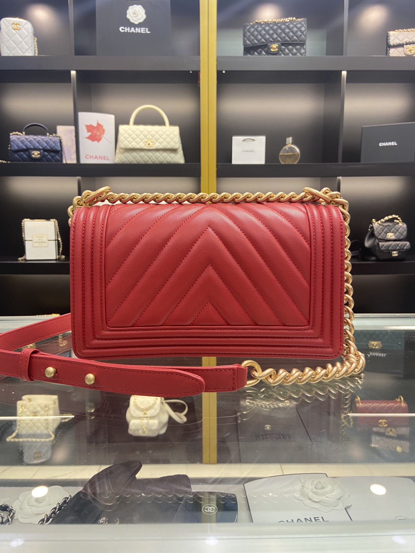 BOY Ch**el HANDBAG Shiny Red Grained Calfskin & Gold-Tone Metal 5.9 × 9.8 × 3.5 in