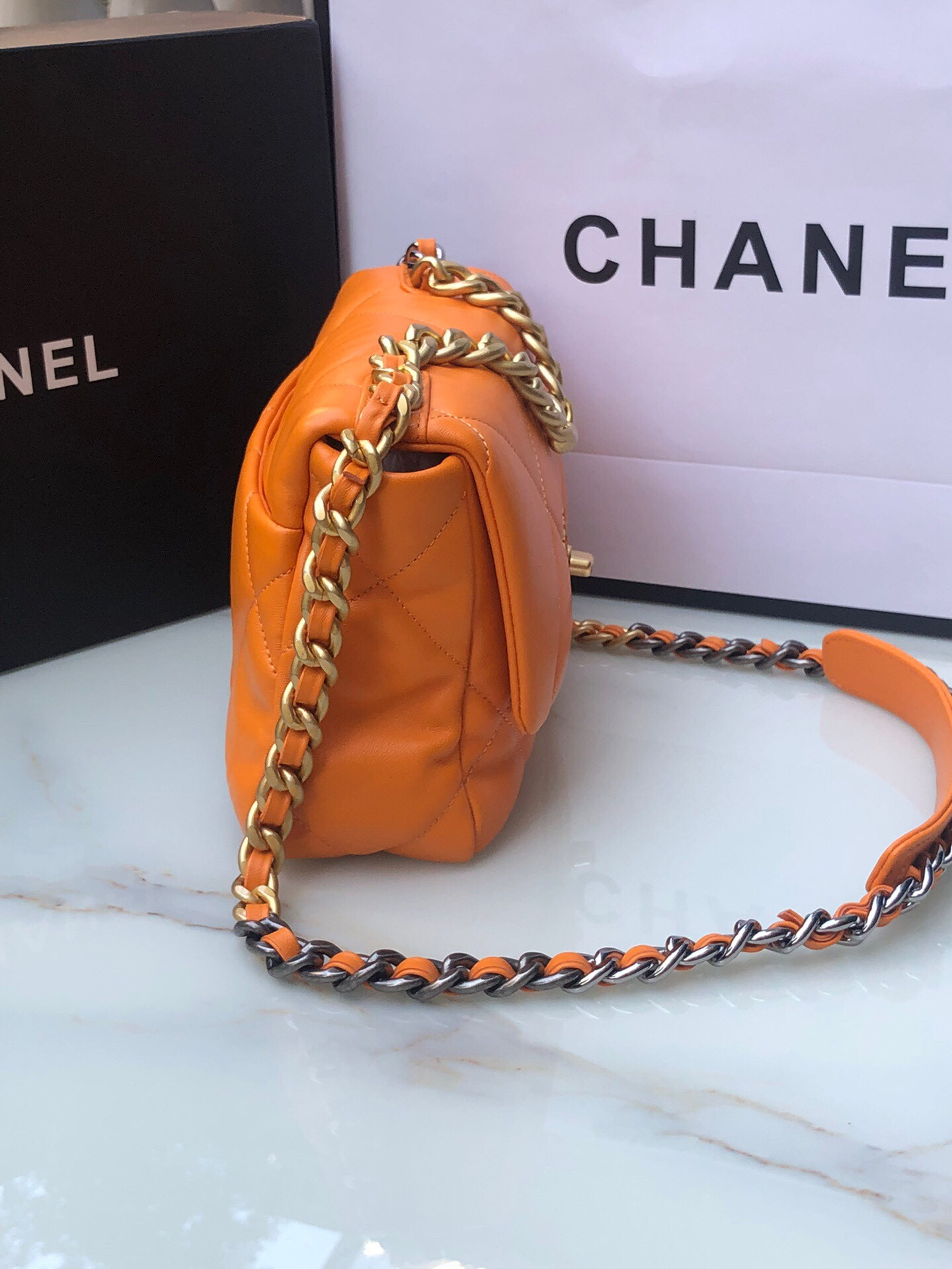 Ch**el 19 HANDBAG Shiny Leather, Gold-Tone, Silver-Tone & Ruthenium-Finish Metal Orange 6.2 × 10.1 × 3.5 in