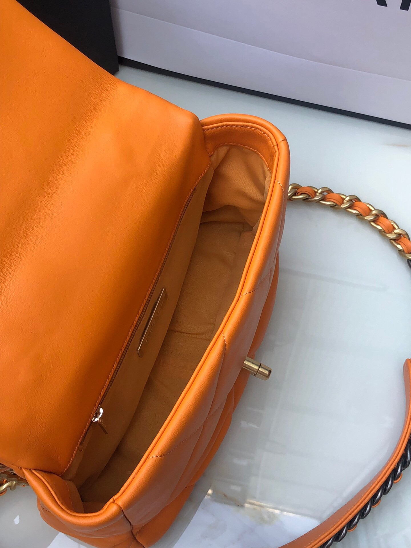 Ch**el 19 HANDBAG Shiny Leather, Gold-Tone, Silver-Tone & Ruthenium-Finish Metal Orange 6.2 × 10.1 × 3.5 in