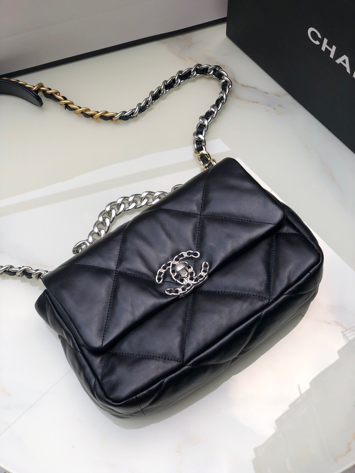 Ch**el 19 HANDBAG Shiny Leather, Gold-Tone, Silver-Tone & Ruthenium-Finish Metal Black 6.2 × 10.1 × 3.5 in