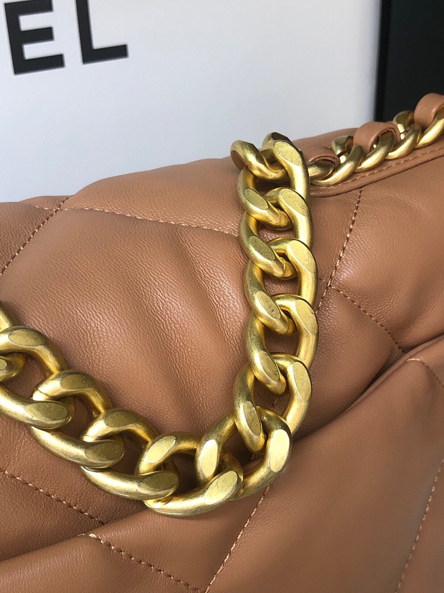 Ch**el 19 HANDBAG Shiny Leather, Gold-Tone, Silver-Tone & Ruthenium-Finish Metal Caramel 6.2 × 10.1 × 3.5 in