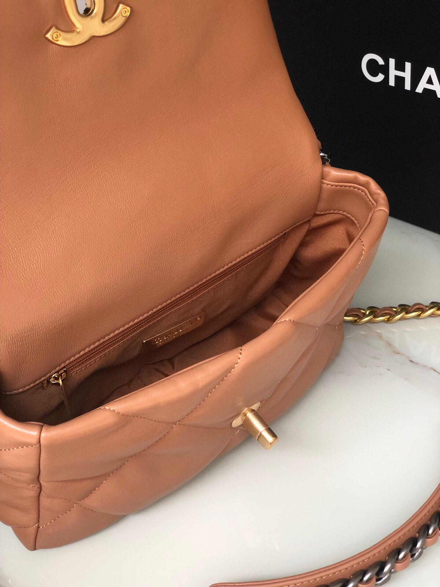 Ch**el 19 HANDBAG Shiny Leather, Gold-Tone, Silver-Tone & Ruthenium-Finish Metal Caramel 6.2 × 10.1 × 3.5 in