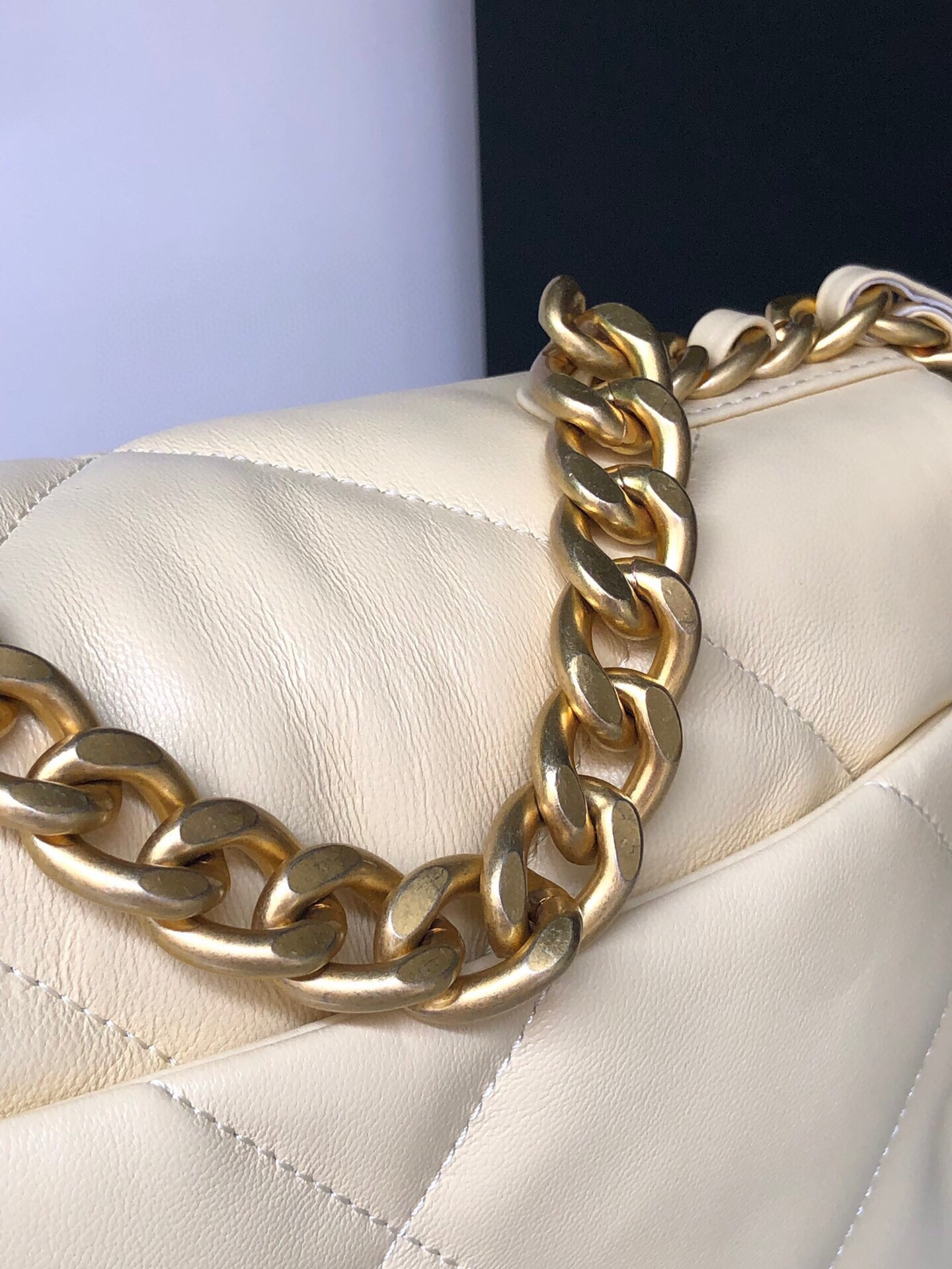 Ch**el 19 HANDBAG Shiny Leather, Gold-Tone, Silver-Tone & Ruthenium-Finish Metal Dark Yellow 6.2 × 10.1 × 3.5 in