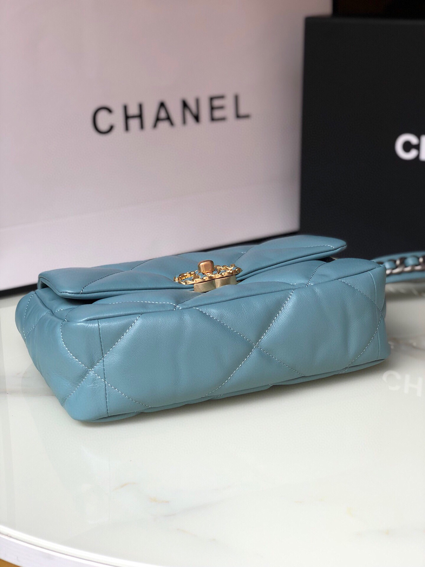 Ch**el 19 HANDBAG Shiny Leather, Gold-Tone, Silver-Tone & Ruthenium-Finish Metal Blue 6.2 × 10.1 × 3.5 in