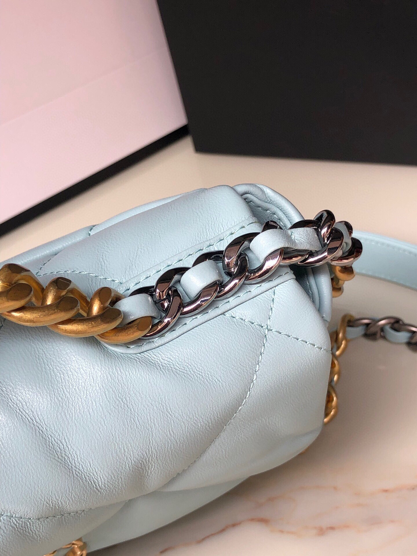 Ch**el 19 HANDBAG Shiny Leather, Gold-Tone, Silver-Tone & Ruthenium-Finish Metal Light Blue 6.2 × 10.1 × 3.5 in