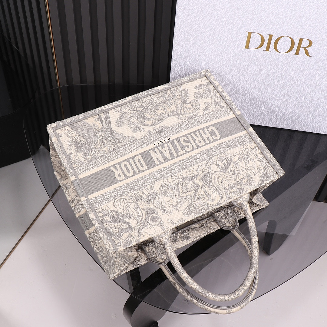 Medium D10r Book Tote Ecru and Gray Toile de Jouy Embroidery 14 x 11 x 6.5 inches