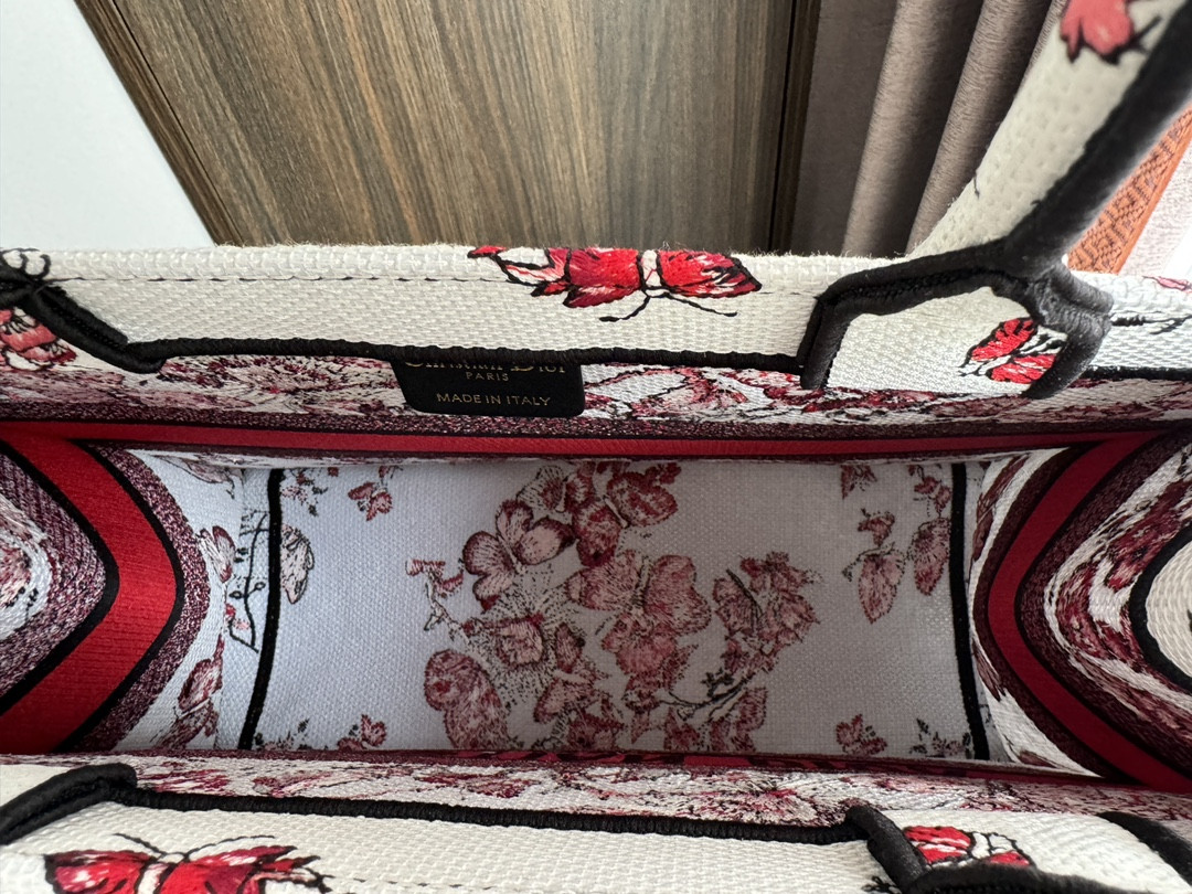 Medium D10r Book Tote  White and Red Le Cœur des Papillons Embroidery 14 x 11 x 6.5 inches
