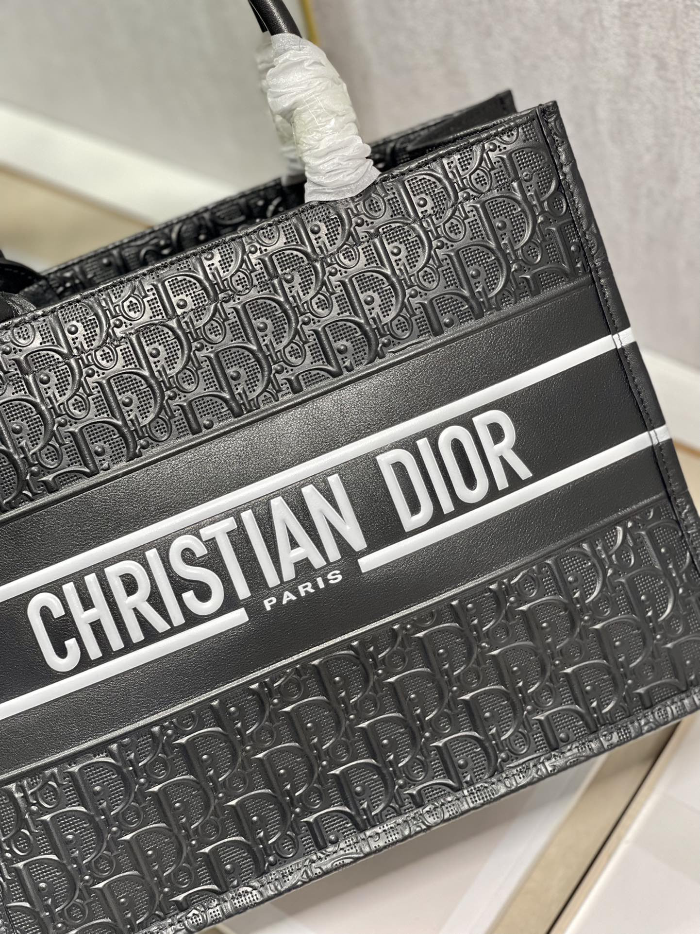 Calfskin Embossed Medium D10r Book Tote Black WHITE 14 x 11 x 6.5 inches