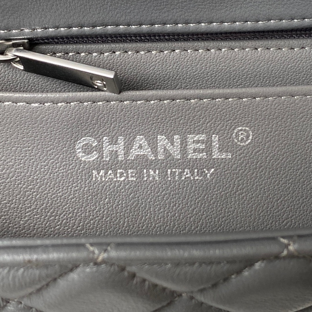 Ch**el MINI FLAP BAG SHINY CALFSKIN & SILVER-TONE METAL GRAY 4.7 × 7.8 × 2.3 in