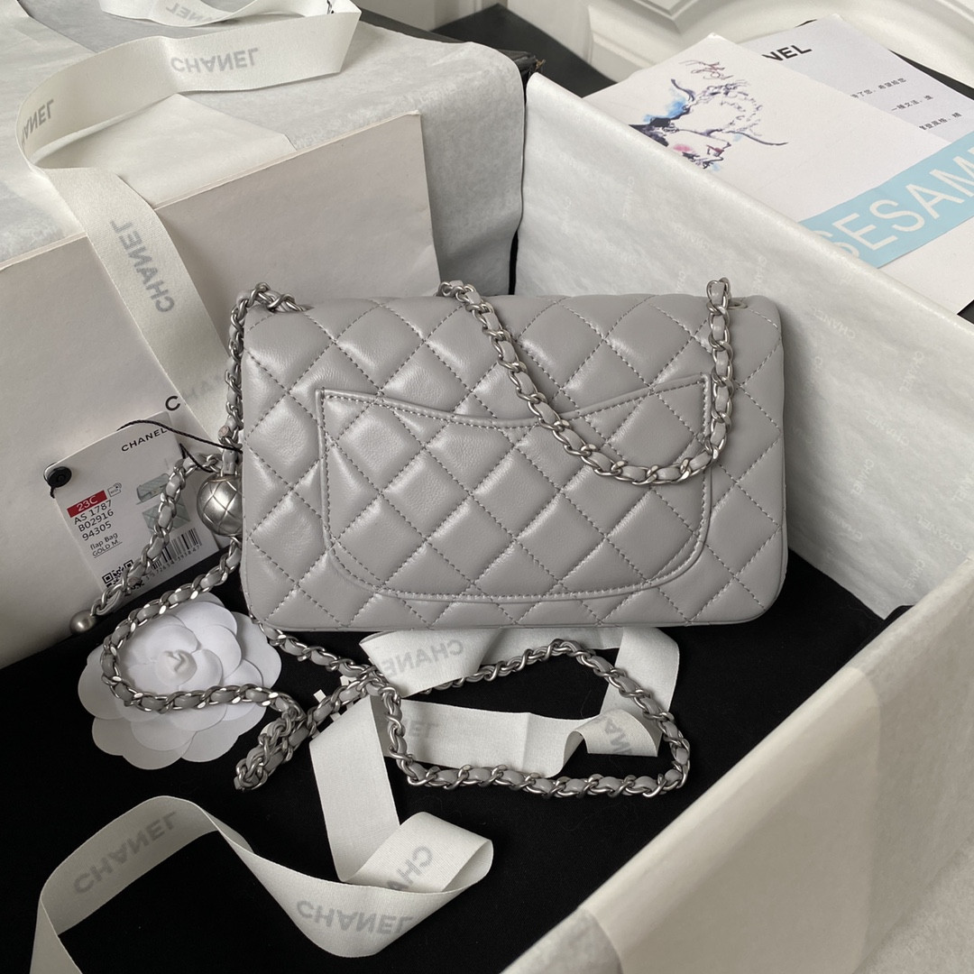 Ch**el MINI FLAP BAG SHINY CALFSKIN & SILVER-TONE METAL LIGHT GRAY 4.7 × 7.8 × 2.3 in