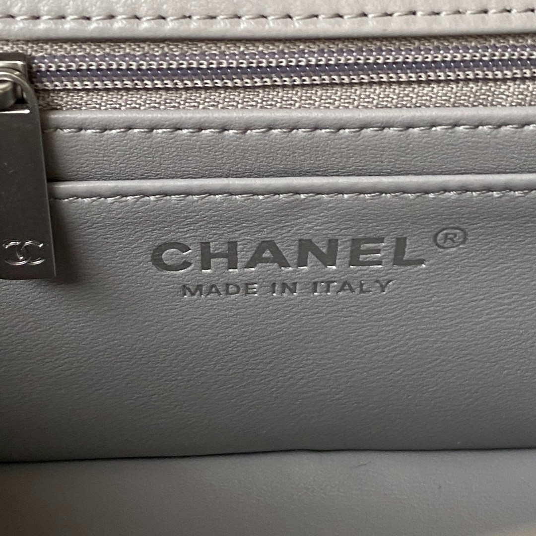 Ch**el MINI FLAP BAG SHINY CALFSKIN & SILVER-TONE METAL LIGHT GRAY 4.7 × 7.8 × 2.3 in