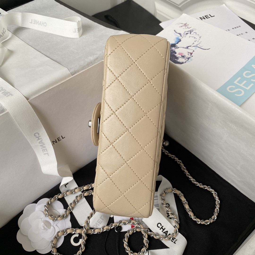 Ch**el MINI FLAP BAG SHINY CALFSKIN & SILVER-TONE METAL LIGHT beige 4.7 × 7.8 × 2.3 in