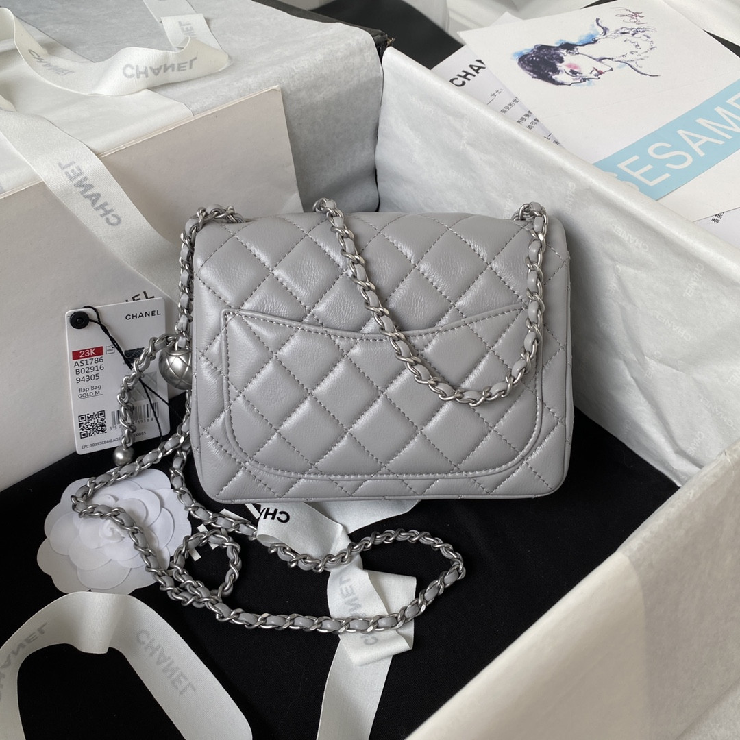 Ch**el MINI FLAP BAG SHINY CALFSKIN & SILVER-Tone METAL LIGHT GRAY 5.3 × 6.6 × 3.1 in